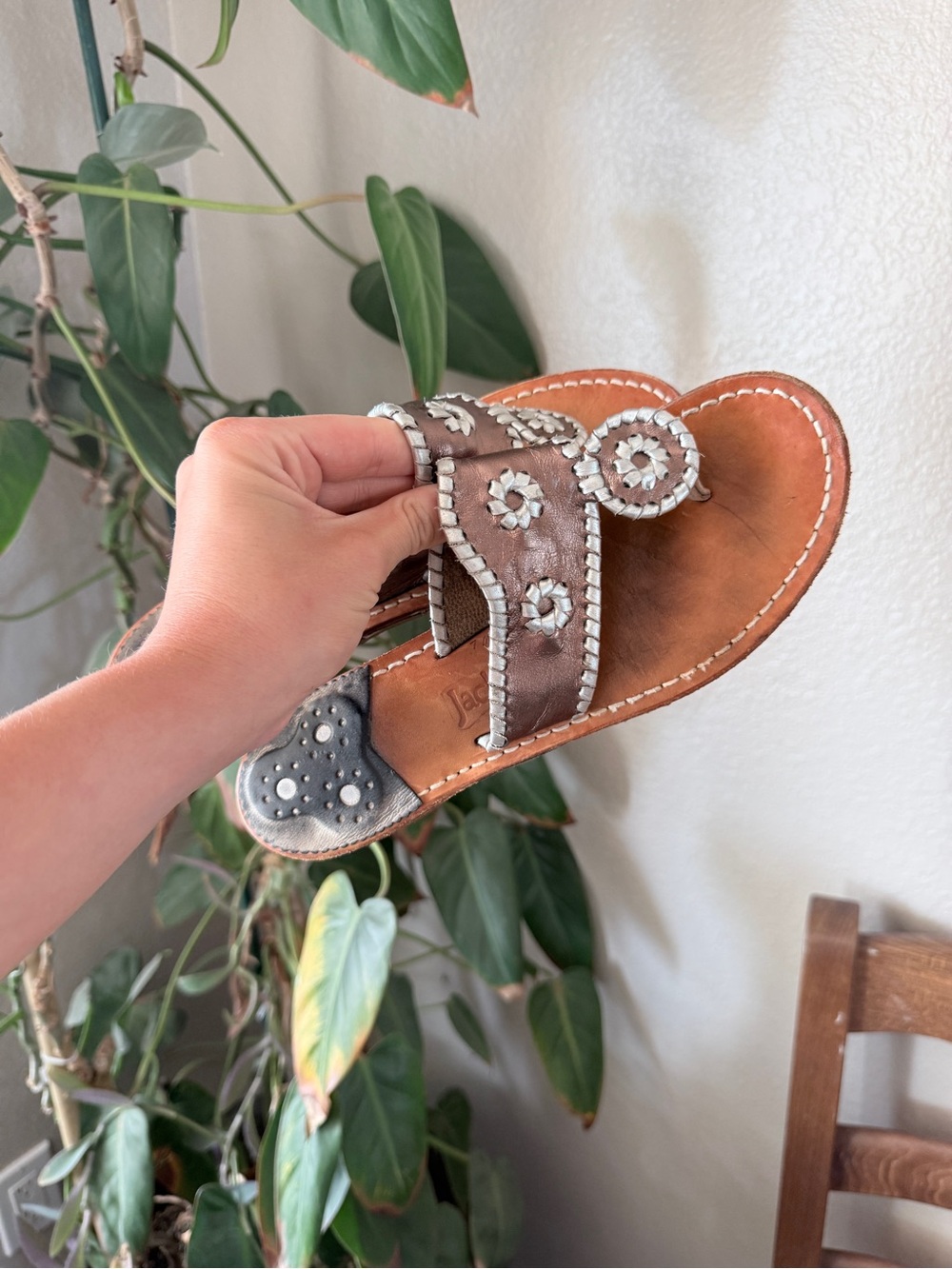 Jack Rogers Brown Leather Embroidered Slide Sandals Size 7